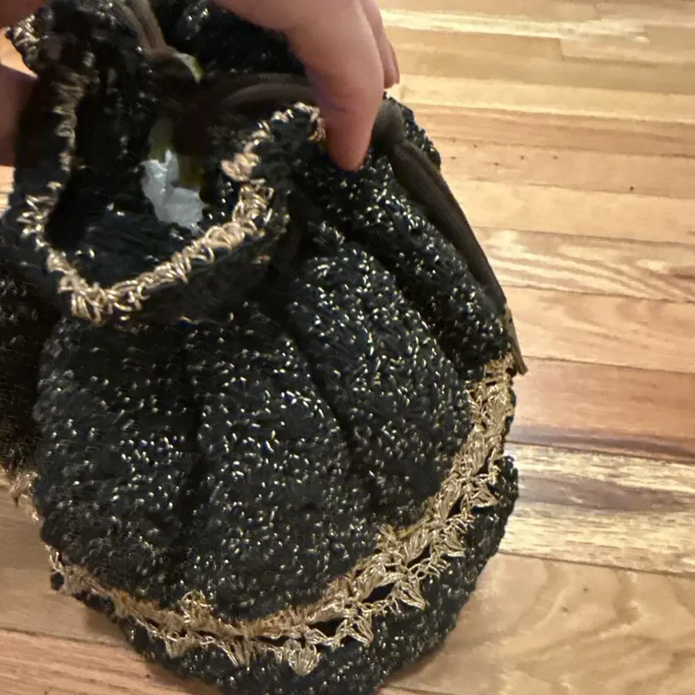 Vintage Black and Gold Metallic Draw String Evening Bag Clutch Purse DAMAGES